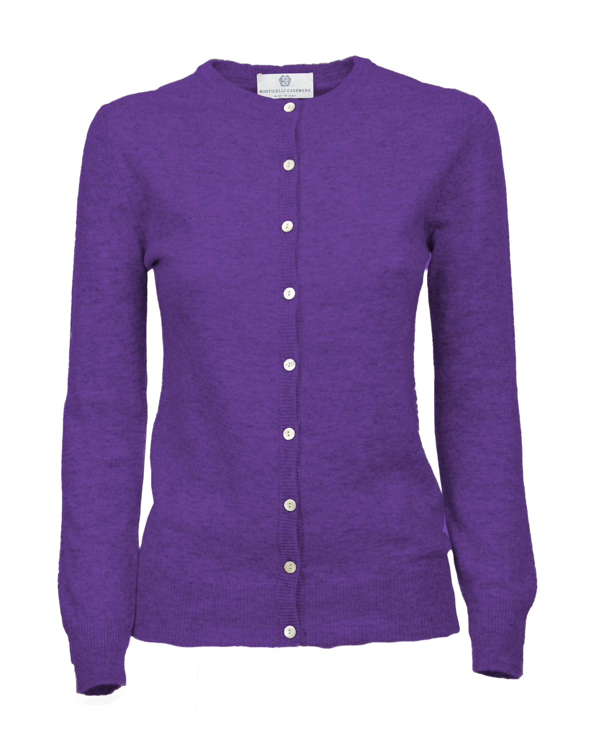 Iris Purple cashmere crewneck cardigan, front view showing the button closure and long sleeves