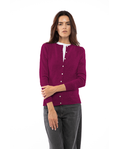 Magenta cashmere crewneck cardigan, front view on a model