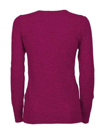 Magenta cashmere crewneck cardigan, back view showing the long sleeves and ribbed hem