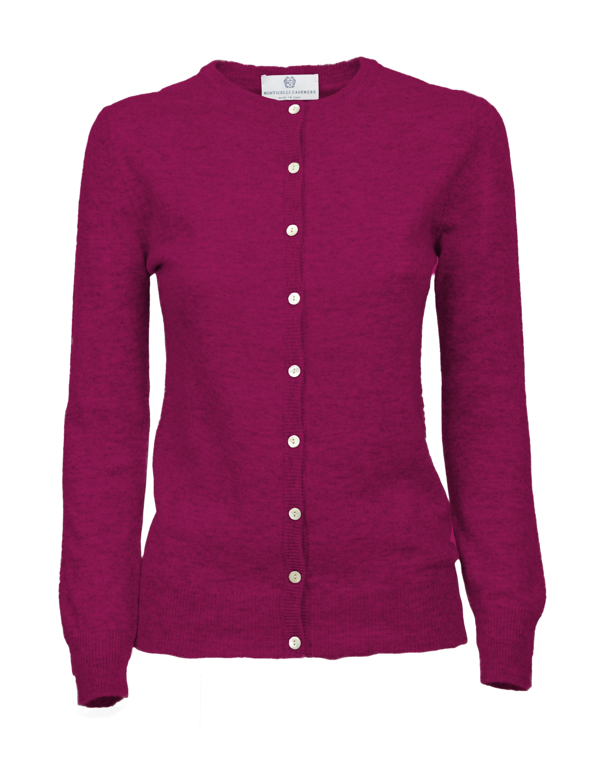 Magenta cashmere crewneck cardigan, front view showing the button closure and long sleeves