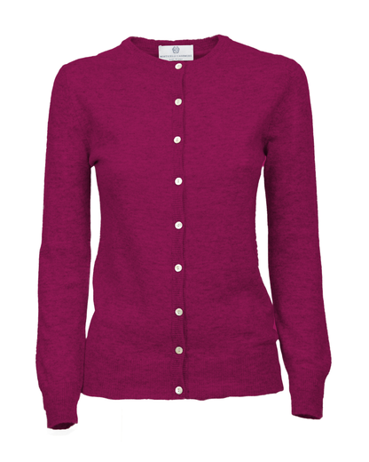 Magenta cashmere crewneck cardigan, front view showing the button closure and long sleeves