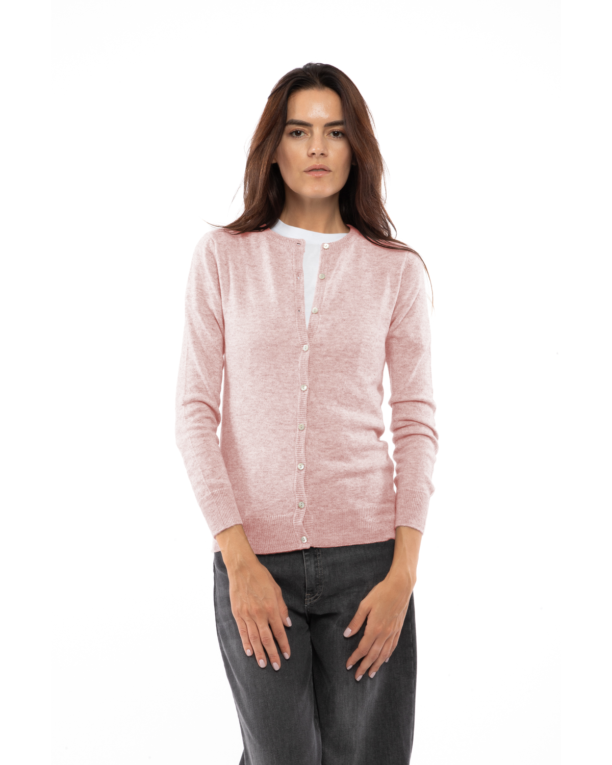 Old Rose cashmere crewneck cardigan, front view on a model