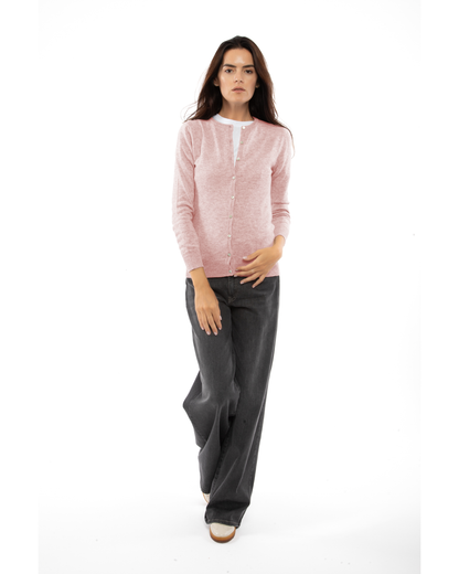 Old Rose cashmere crewneck cardigan, full-length front view styled with dark trousers