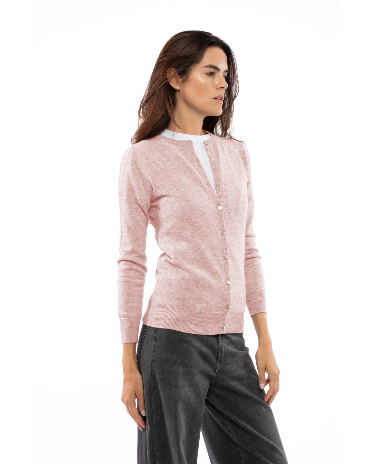 Old Rose cashmere crewneck cardigan, three-quarter front view on a model