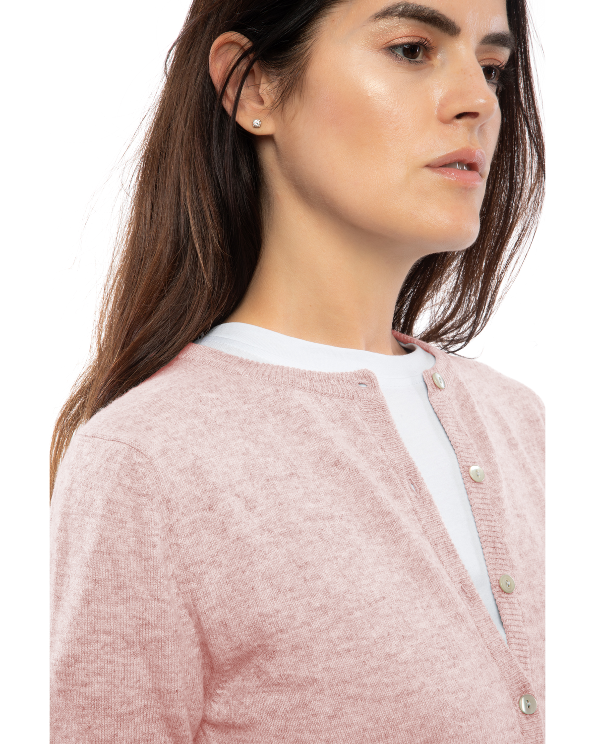 Old Rose cashmere crewneck cardigan, close-up of the crew neckline and button placket