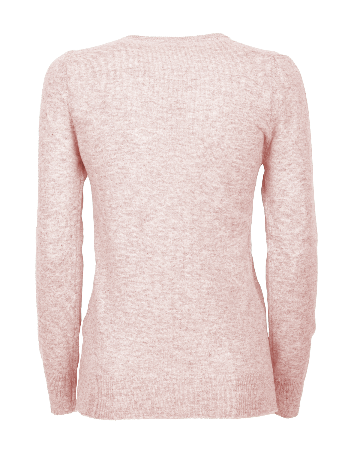 Old Rose cashmere crewneck cardigan, back view showing the long sleeves and ribbed hem