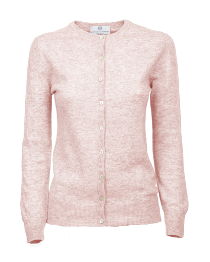 Old Rose cashmere crewneck cardigan, front view showing the button closure and long sleeves