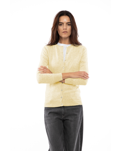 Butter Yellow cashmere crewneck cardigan, front view on a model
