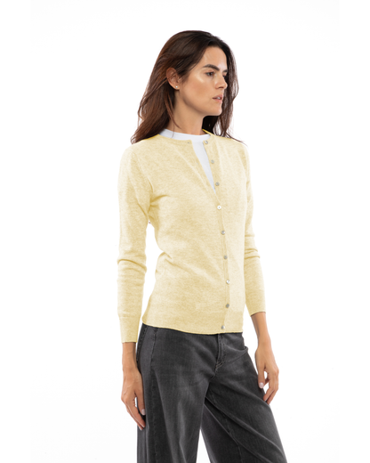 Butter Yellow cashmere crewneck cardigan, three-quarter front view on a model