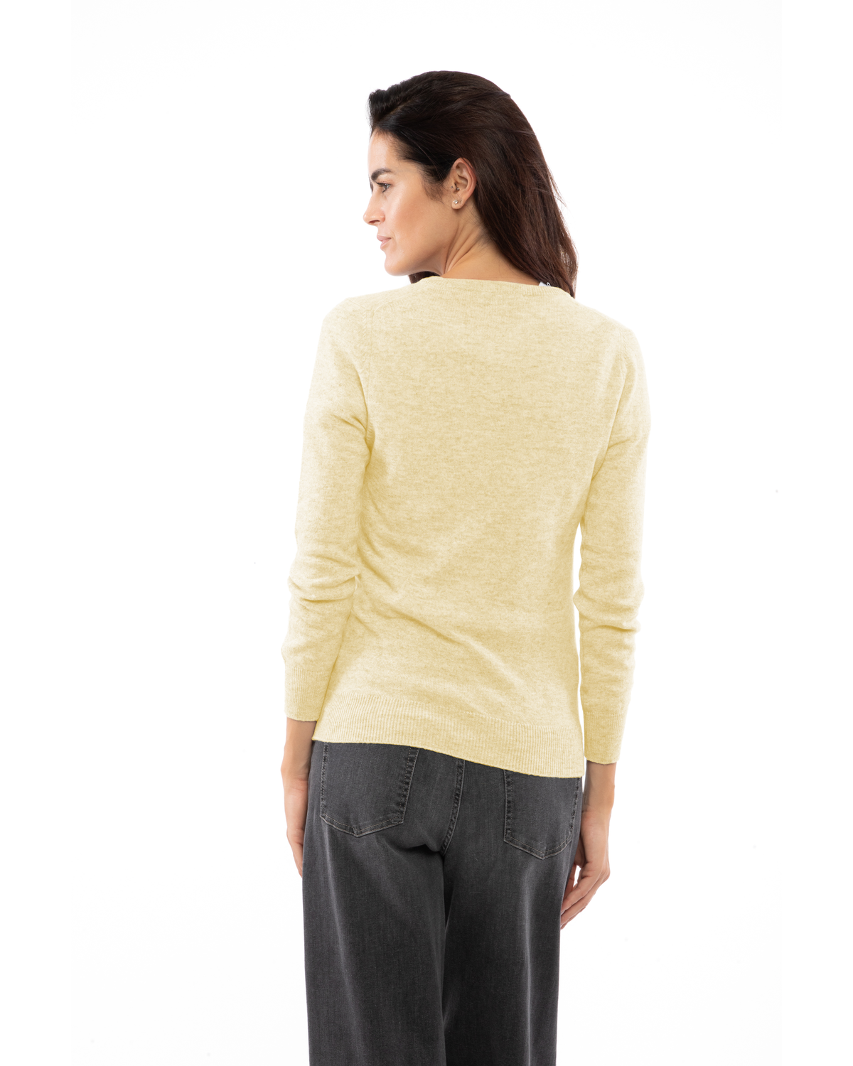 Butter Yellow cashmere crewneck cardigan, rear three-quarter view on a model