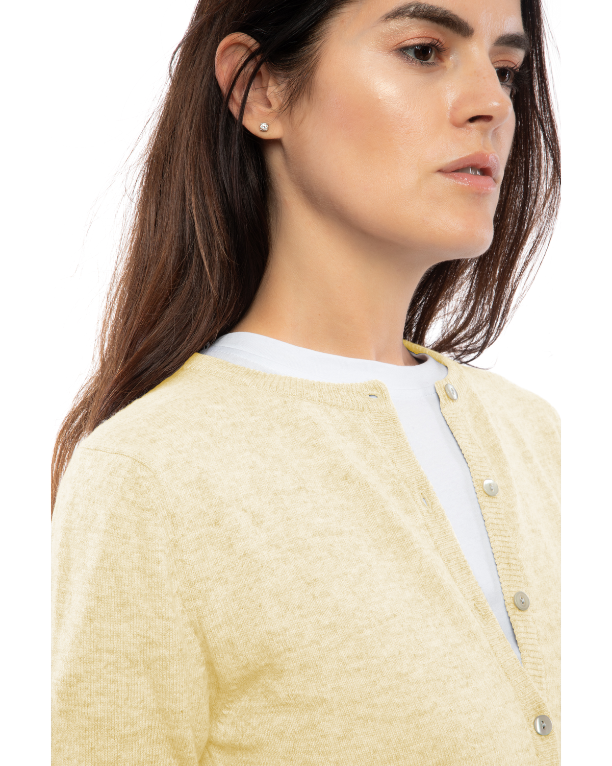 Butter Yellow cashmere crewneck cardigan, close-up of the crew neckline and button placket
