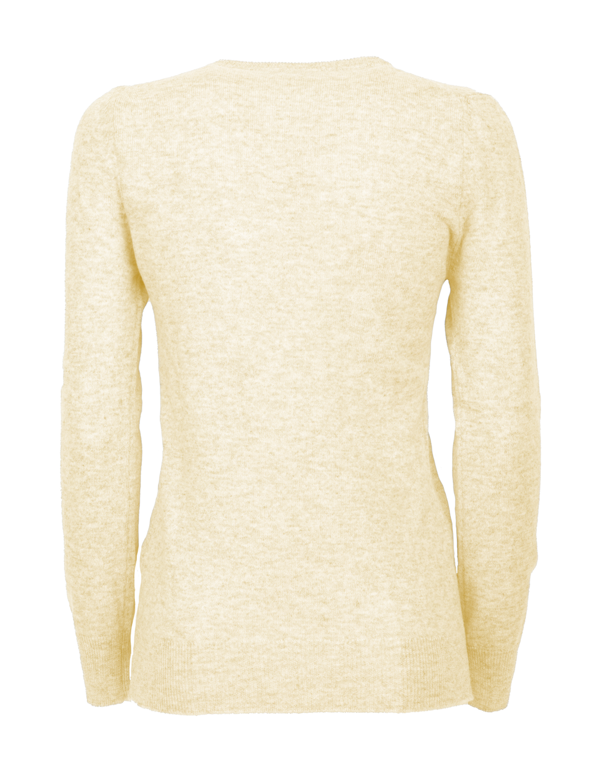 Butter Yellow cashmere crewneck cardigan, back view showing the long sleeves and ribbed hem