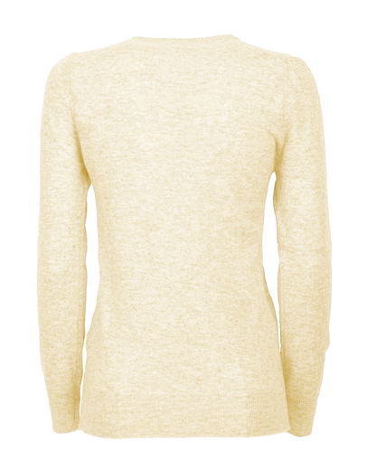 Butter Yellow cashmere crewneck cardigan, back view showing the long sleeves and ribbed hem