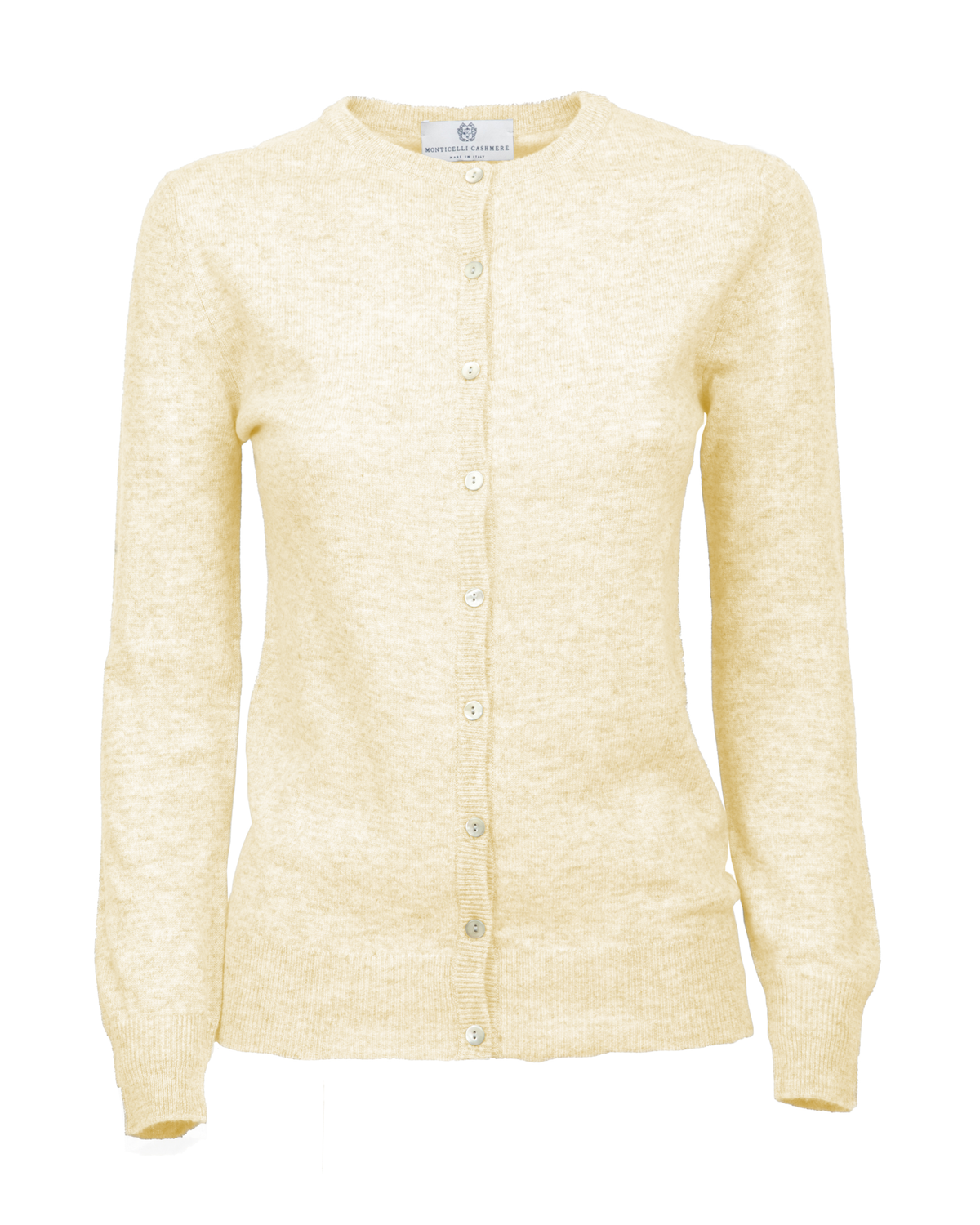 Butter Yellow cashmere crewneck cardigan, front view showing the button closure and long sleeves