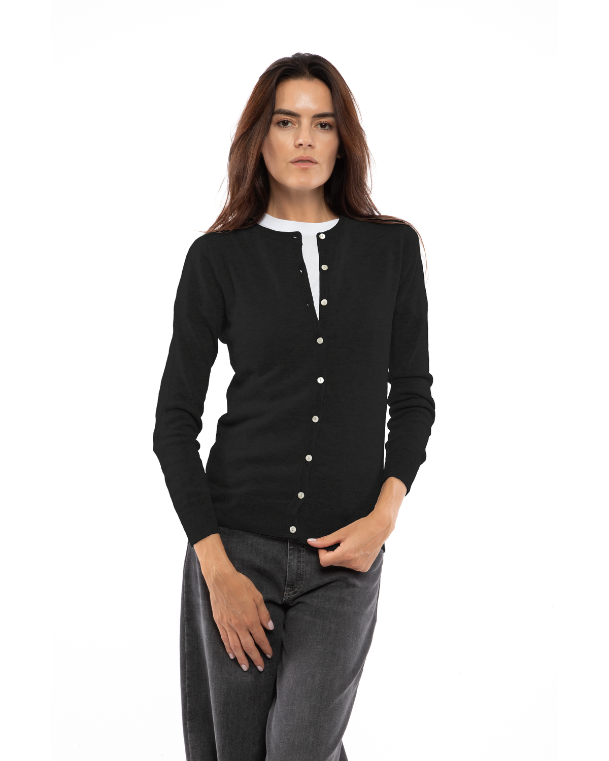Black cashmere crewneck cardigan, front view on a model