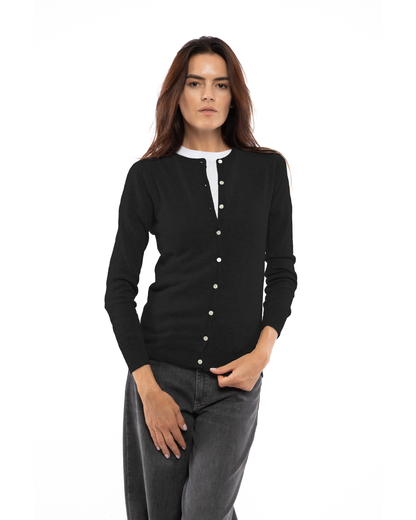 Black cashmere crewneck cardigan, front view on a model