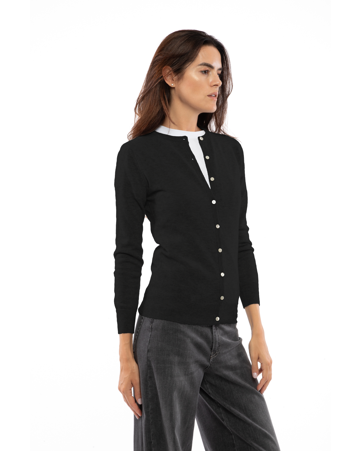 Black cashmere crewneck cardigan, three-quarter front view on a model