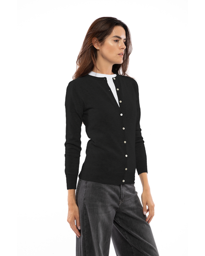 Black cashmere crewneck cardigan, three-quarter front view on a model