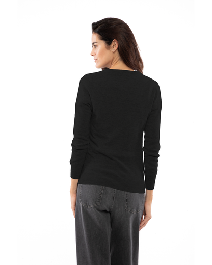 Black cashmere crewneck cardigan, rear three-quarter view on a model