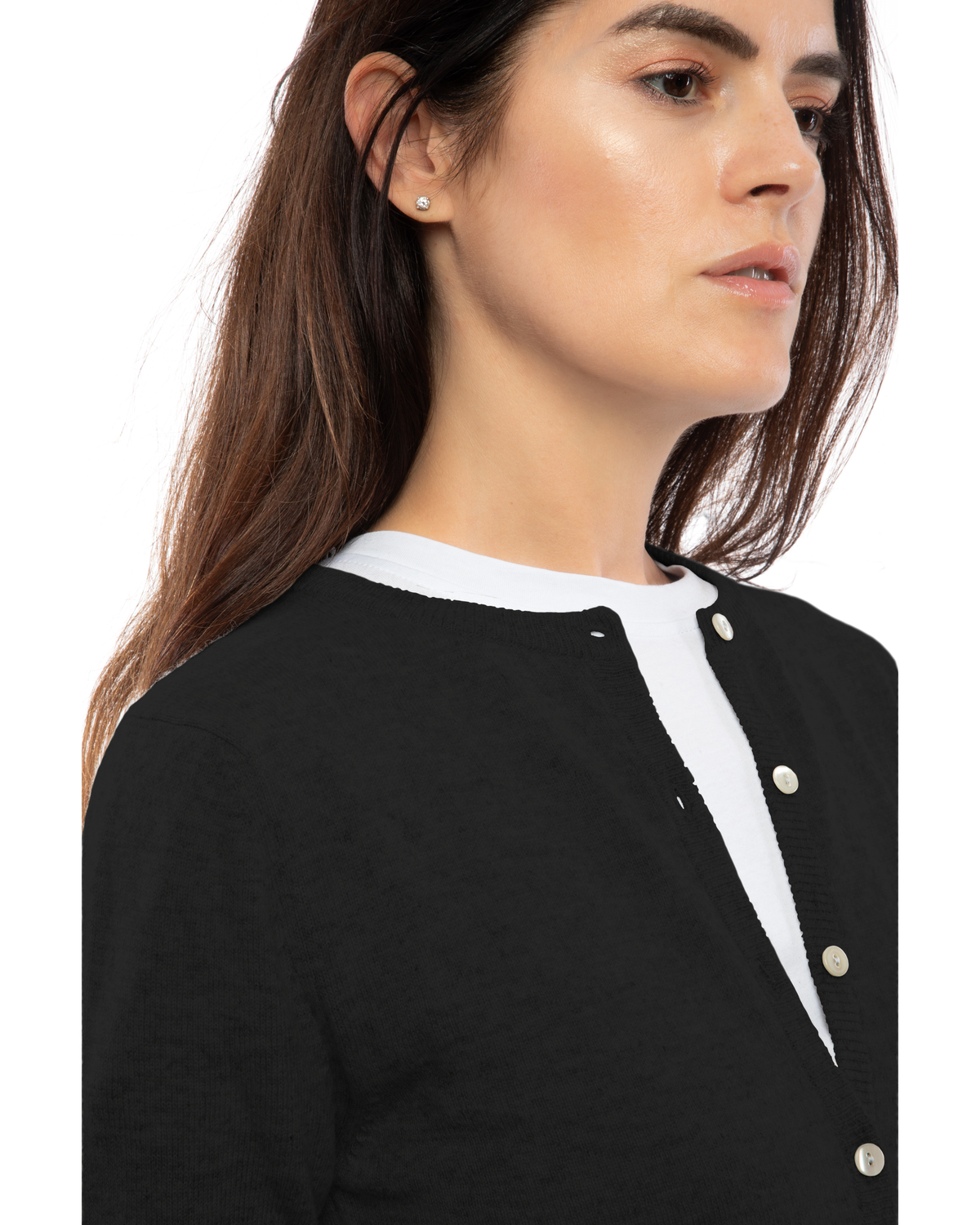 Black cashmere crewneck cardigan, close-up of the crew neckline and button placket