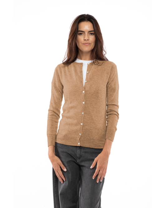 Camel cashmere crewneck cardigan, front view on a model