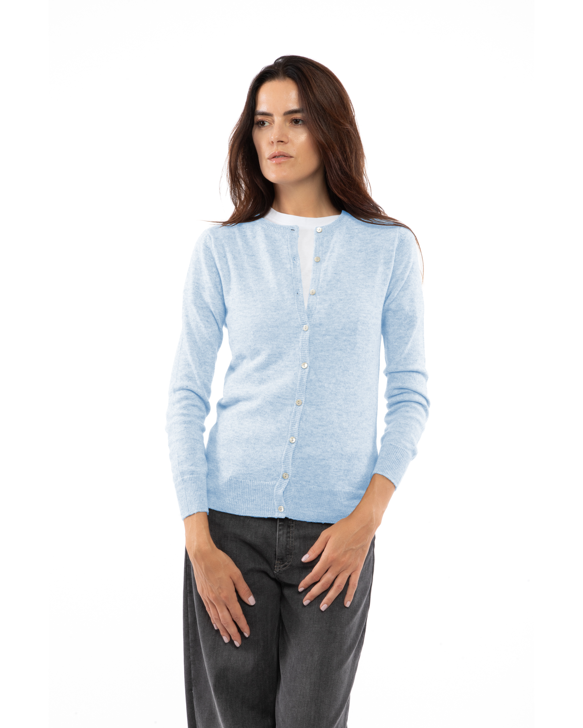 Baby Blue cashmere crewneck cardigan, front view on a model
