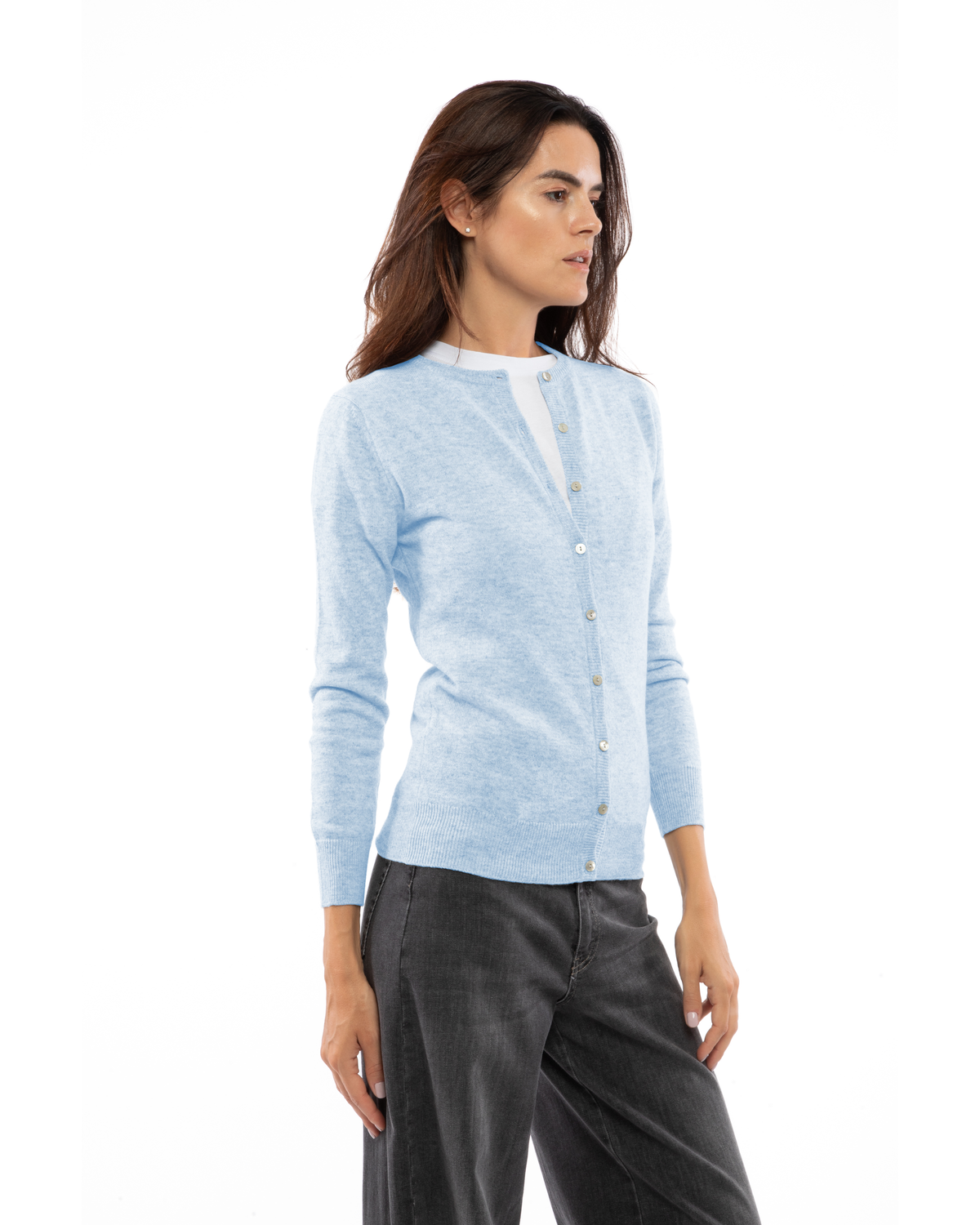 Baby Blue cashmere crewneck cardigan, three-quarter front view on a model