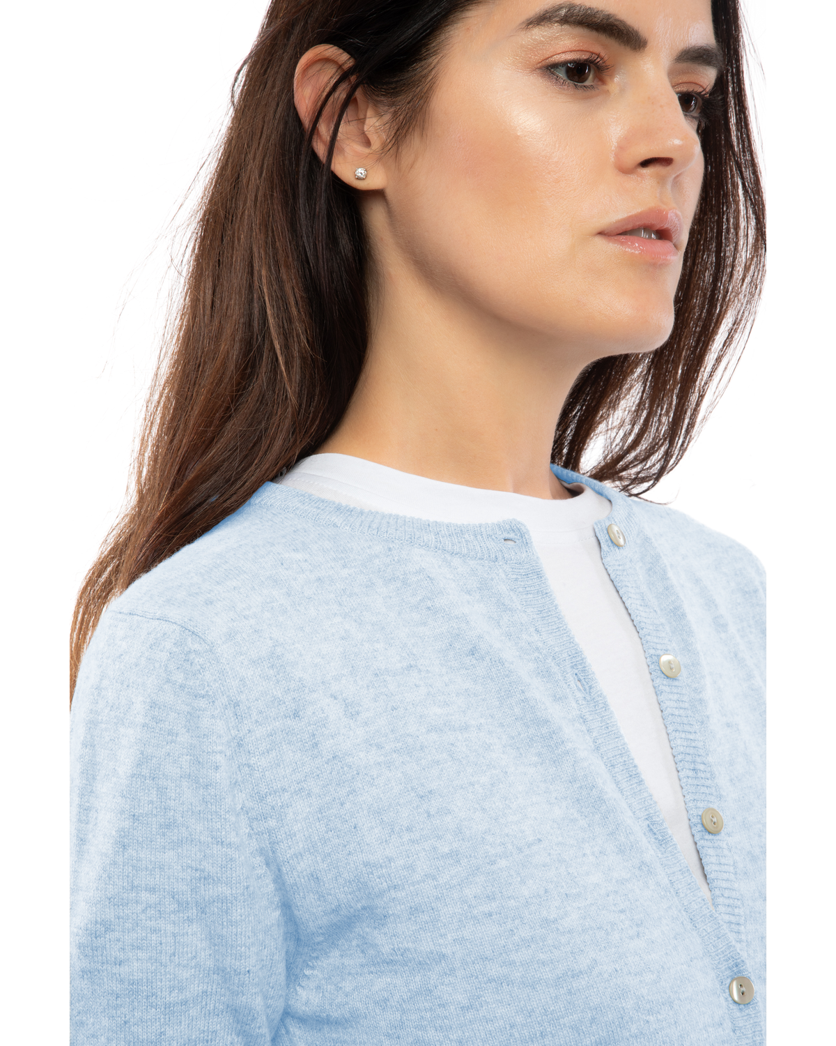 Baby Blue cashmere crewneck cardigan, close-up of the crew neckline and button placket