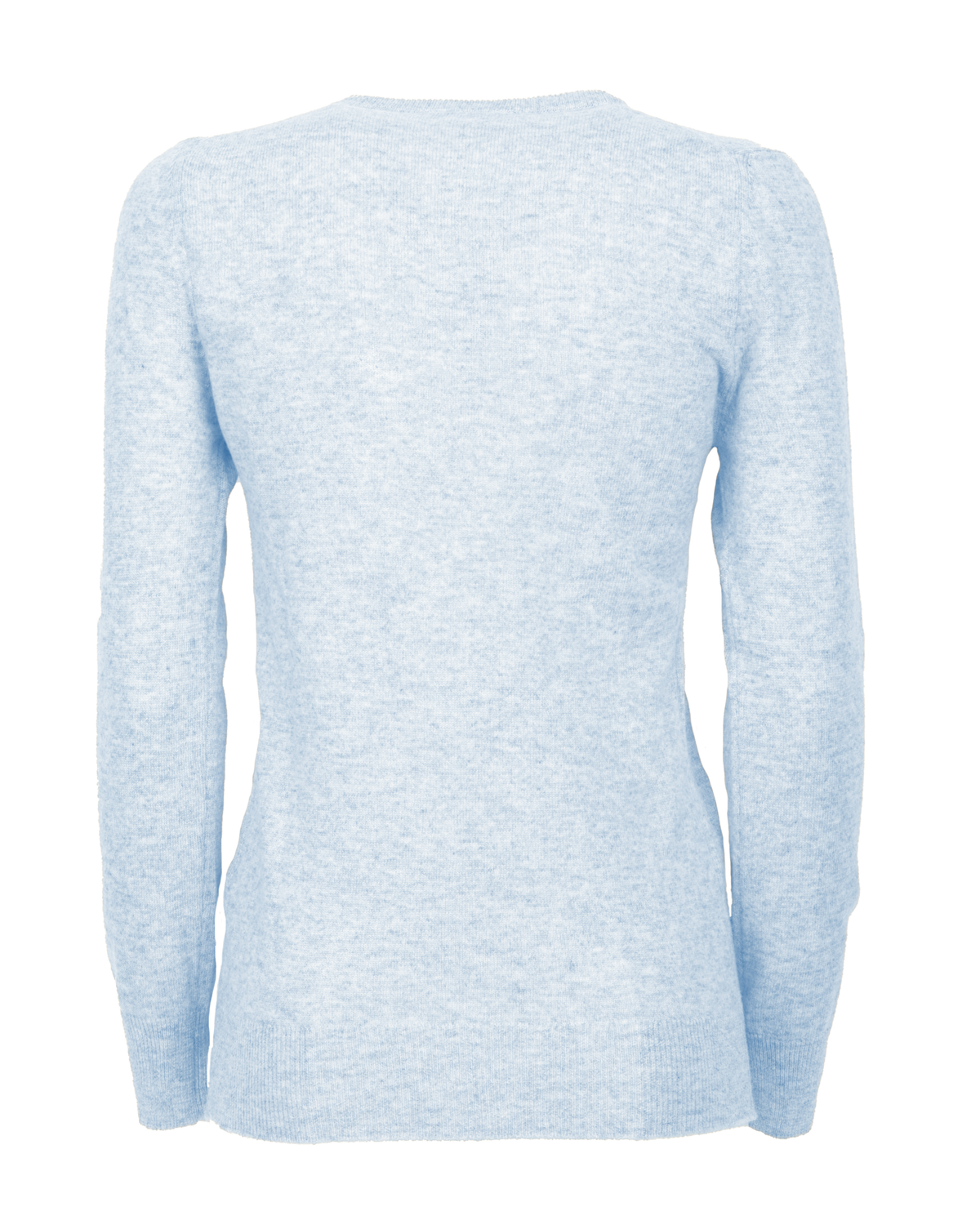 Baby Blue cashmere crewneck cardigan, back view showing the long sleeves and ribbed hem