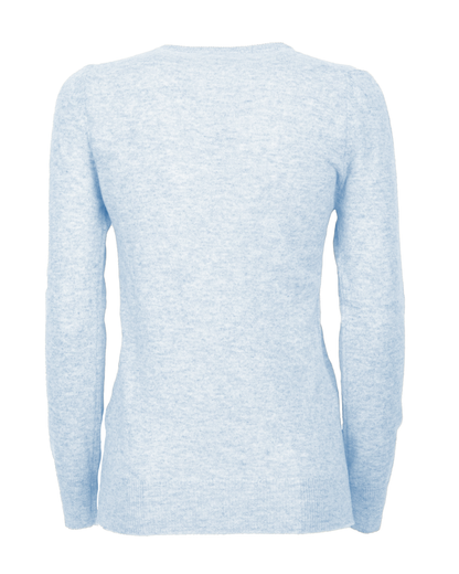 Baby Blue cashmere crewneck cardigan, back view showing the long sleeves and ribbed hem