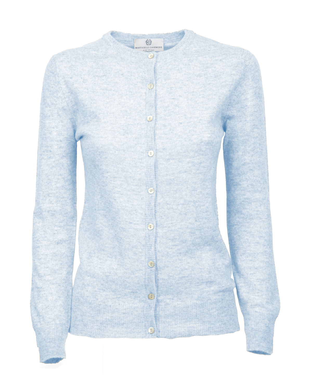 Baby Blue cashmere crewneck cardigan, front view showing the button closure and long sleeves