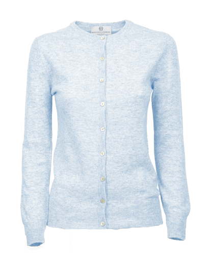 Baby Blue cashmere crewneck cardigan, front view showing the button closure and long sleeves