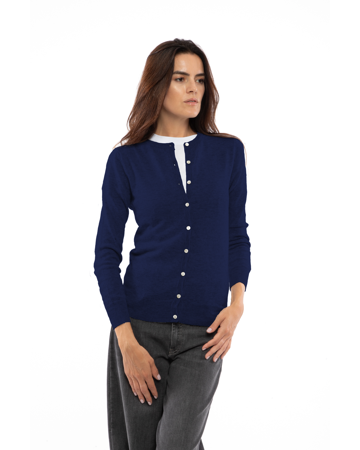 Blue cashmere crewneck cardigan, front view on a model