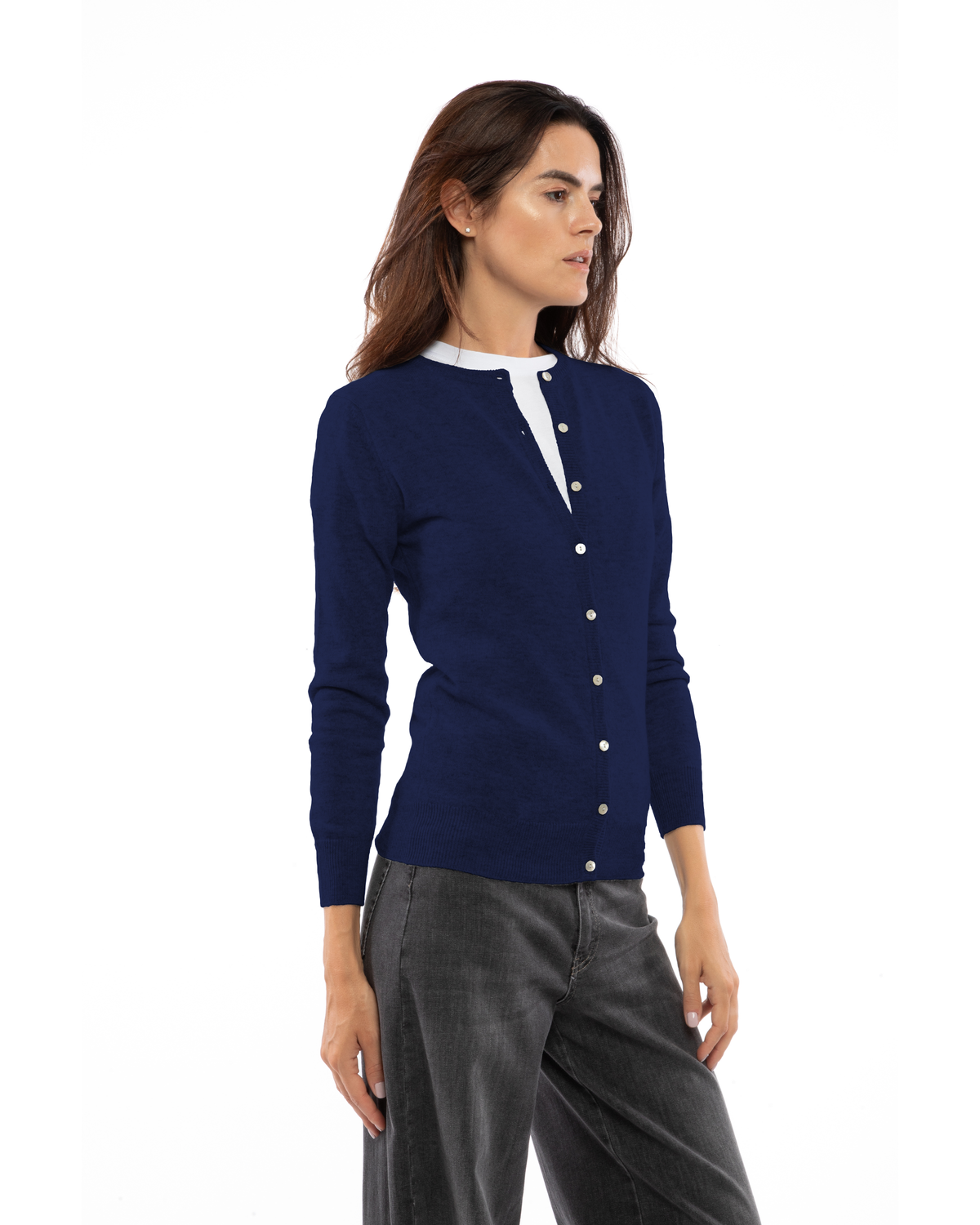 Blue cashmere crewneck cardigan, three-quarter front view on a model