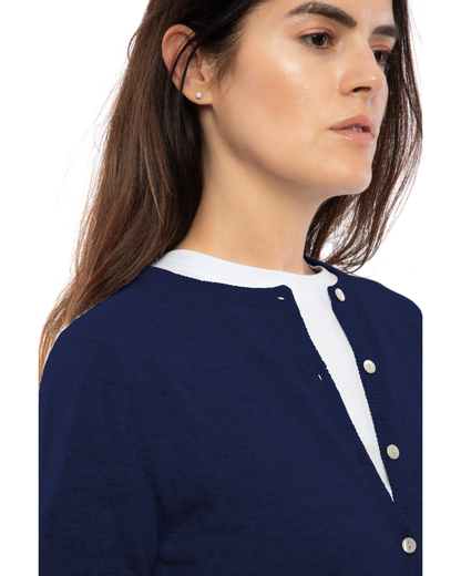 Blue cashmere crewneck cardigan, close-up of the crew neckline and button placket