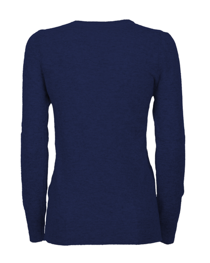 Blue cashmere crewneck cardigan, back view showing the long sleeves and ribbed hem