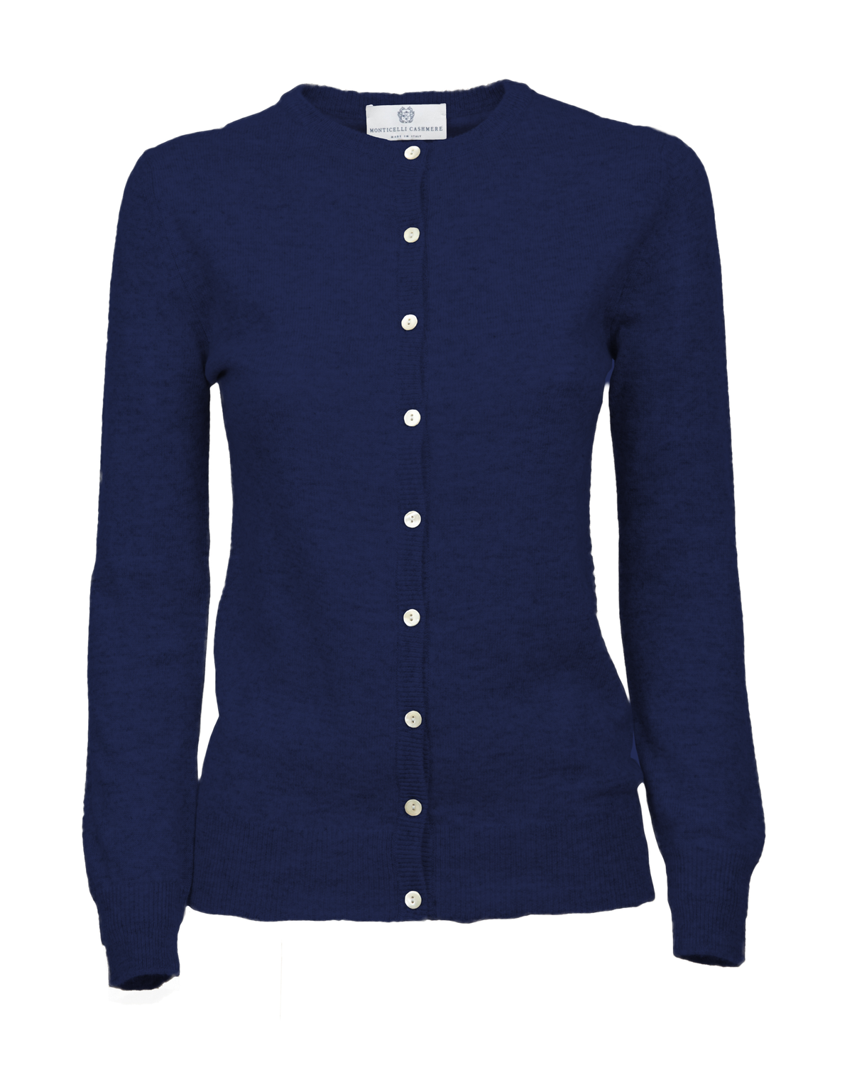 Blue cashmere crewneck cardigan, front view showing the button closure and long sleeves