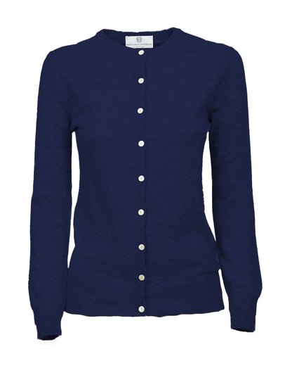 Blue cashmere crewneck cardigan, front view showing the button closure and long sleeves