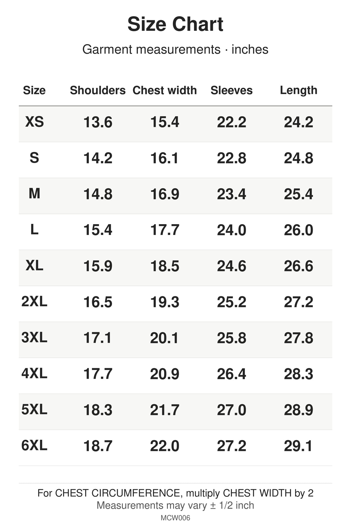 MCW006 size chart: garment measurements for XS, S, M, L, XL, 2XL, 3XL, 4XL, 5XL, 6XL, in inches.