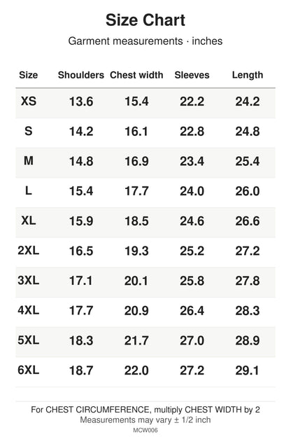 MCW006 size chart: garment measurements for XS, S, M, L, XL, 2XL, 3XL, 4XL, 5XL, 6XL, in inches.