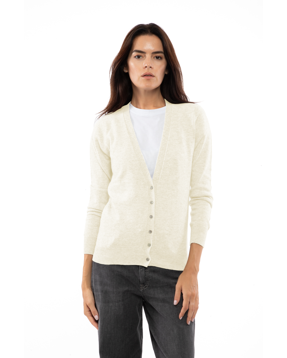 Women's cashmere V-neck cardigan in Milk White, front view on a model