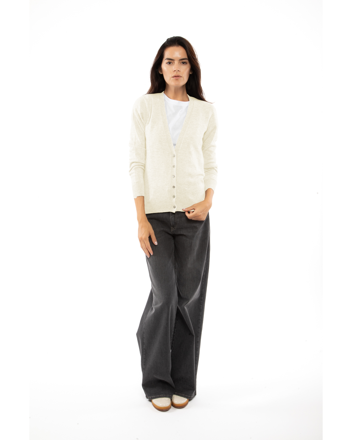 Women's cashmere V-neck cardigan in Milk White, full-length view on a model