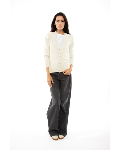 Women's cashmere V-neck cardigan in Milk White, full-length view on a model