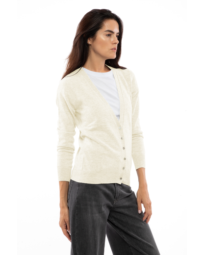 Women's cashmere V-neck cardigan in Milk White, side view on a model