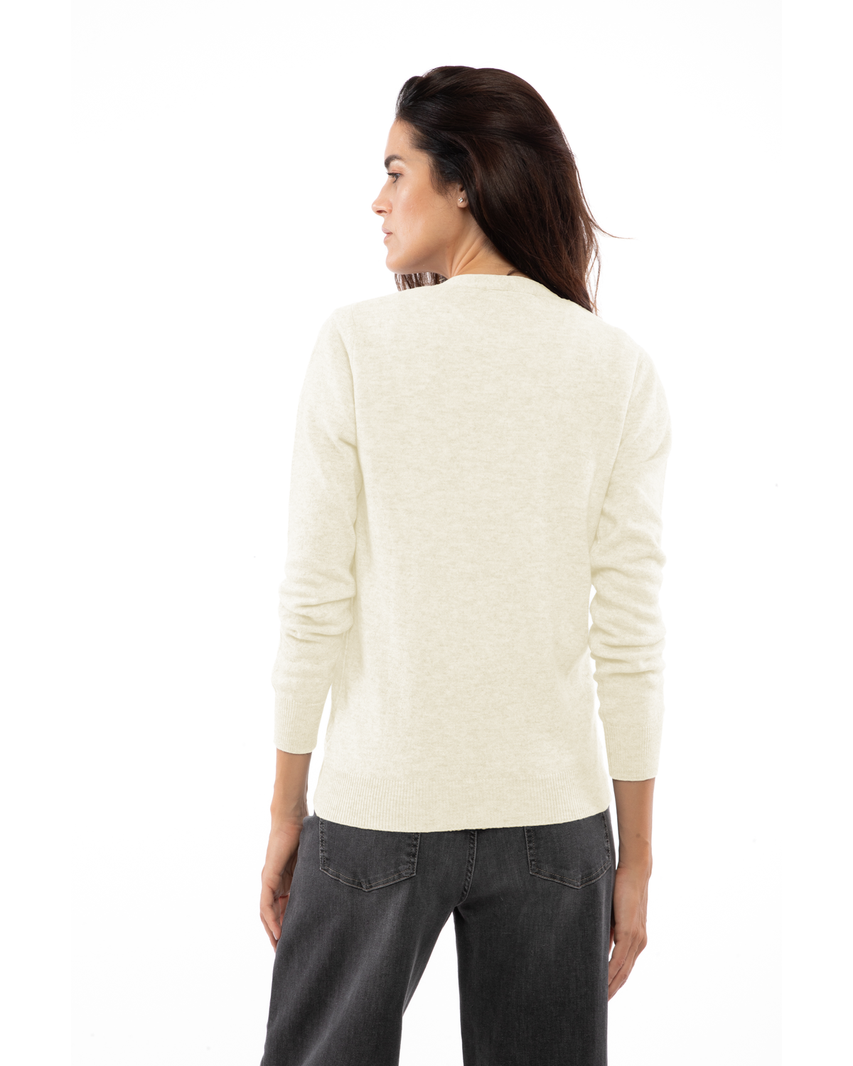 Women's cashmere V-neck cardigan in Milk White, back view on a model