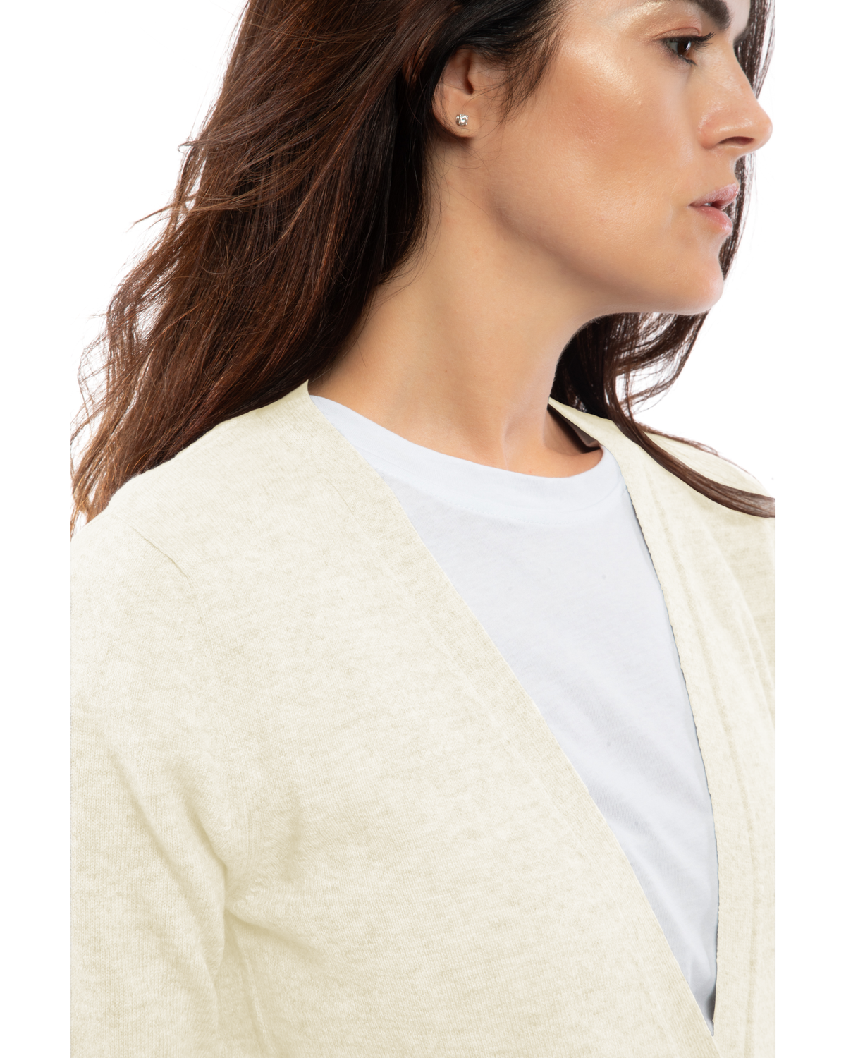 Women's cashmere V-neck cardigan in Milk White, close-up of the neckline and knit texture