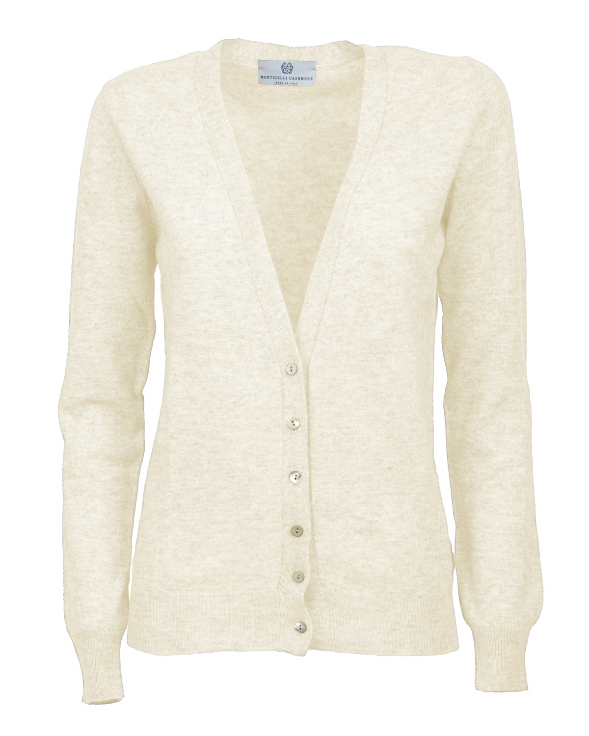 Women's cashmere V-neck cardigan in Milk White, front product view