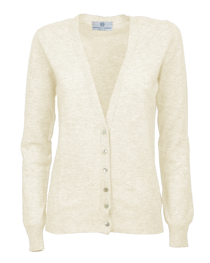 Women's cashmere V-neck cardigan in Milk White, front product view