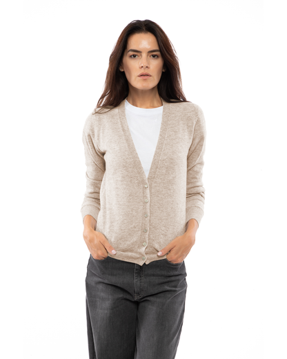 Women's cashmere V-neck cardigan in Beige, front view on a model