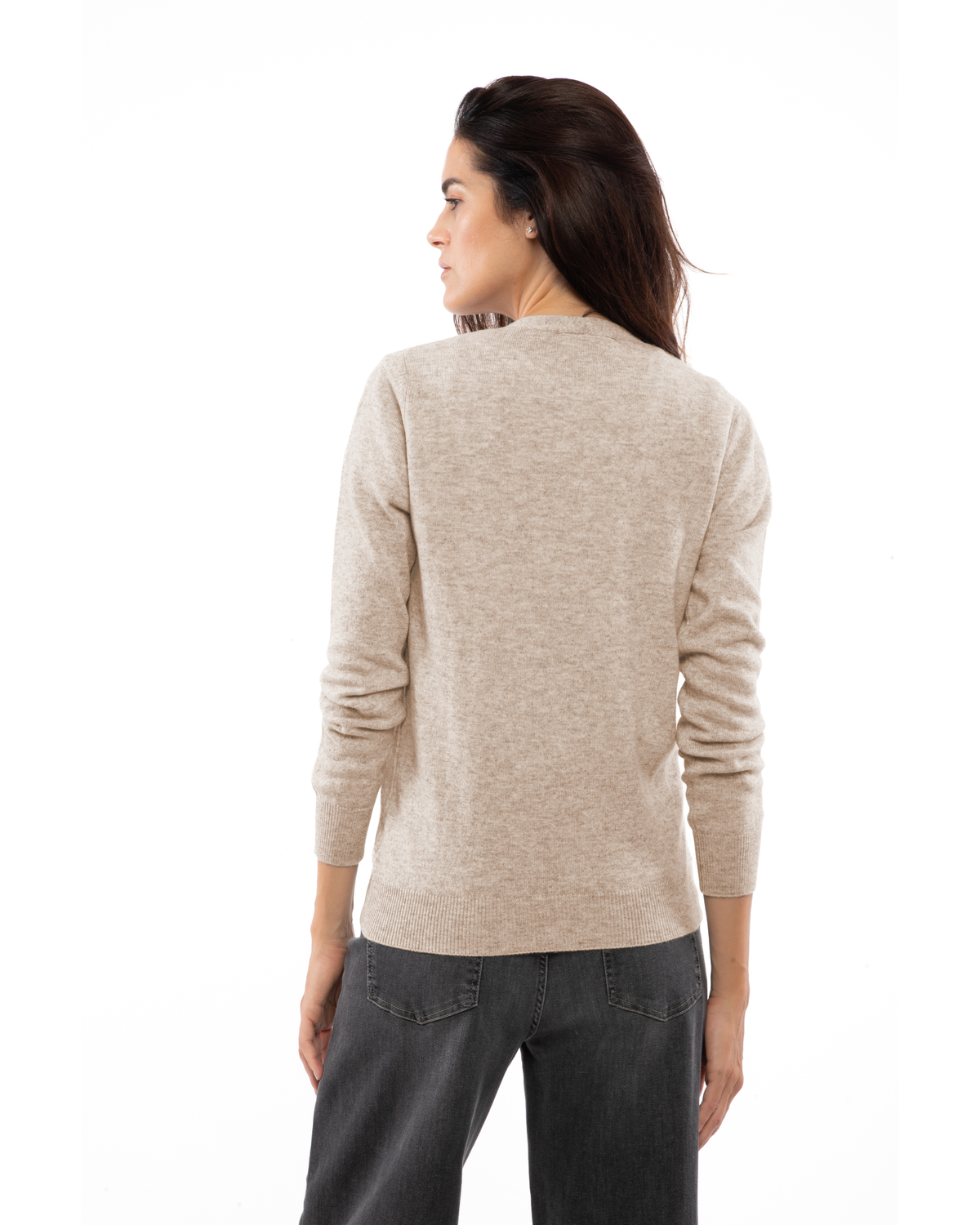 Women's cashmere V-neck cardigan in Beige, back view on a model